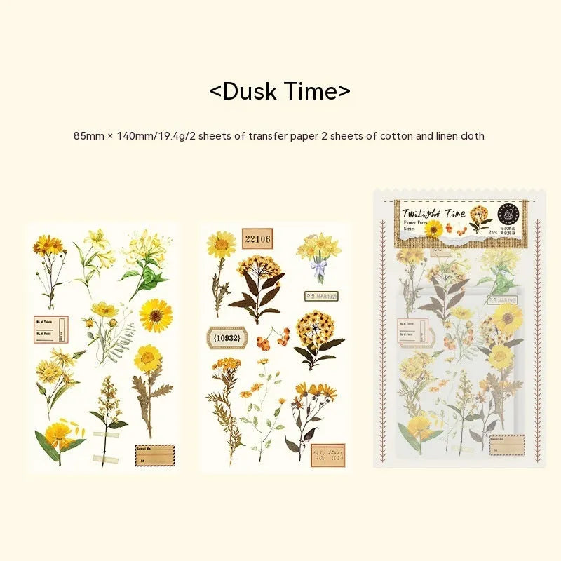 Huazhisen Series sticker material pack showing forest label designs on transfer paper and cotton linen sheets