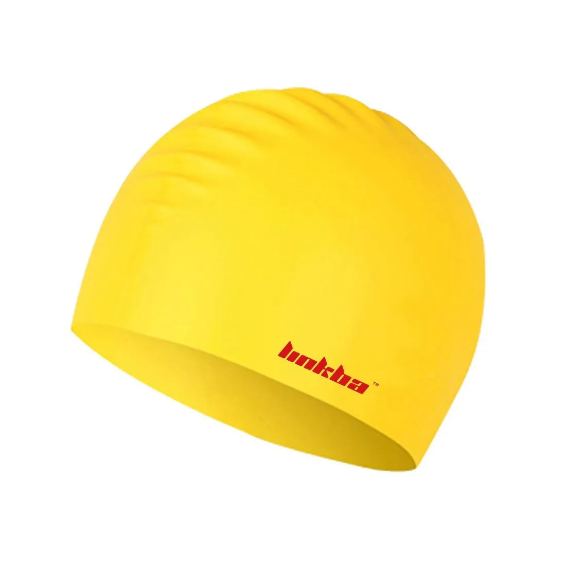 Black silicone swimming cap with white letter pattern and integrated waterproof earmuffs.