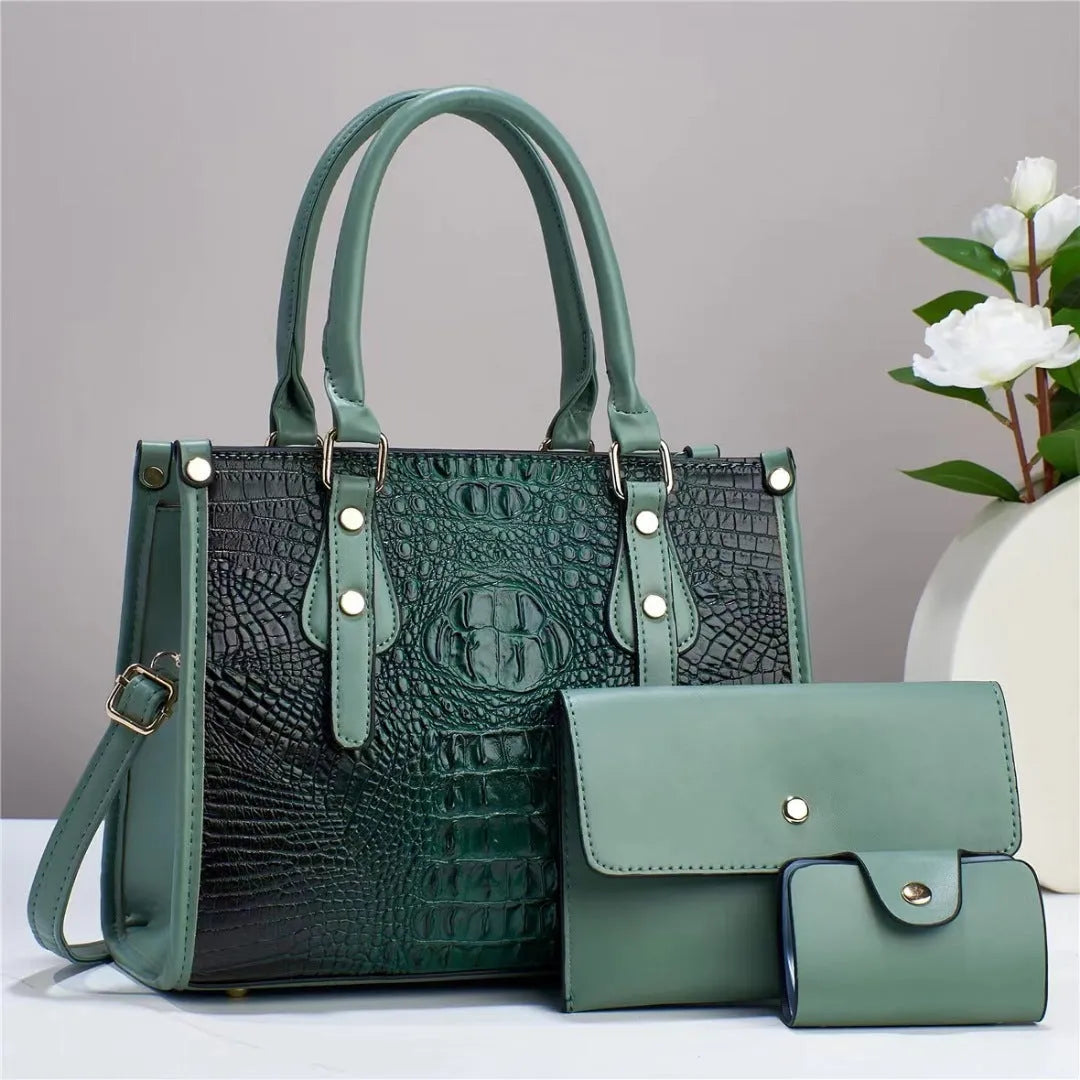 PU leather three-piece organiser set with crossbody bag, wallet, and card holder in contrasting colours
