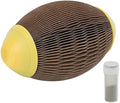 Elliptical catnip ball toy made from recycled corrugated paper with scratch football design