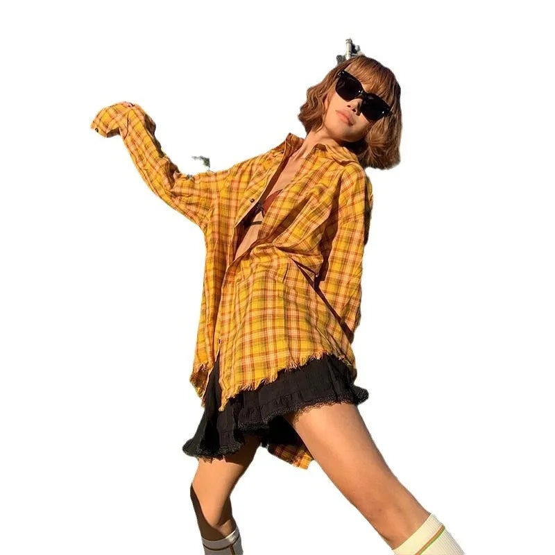 Dopamine yellow plaid shirt on a hanger, showing loose cardigan-style fit.