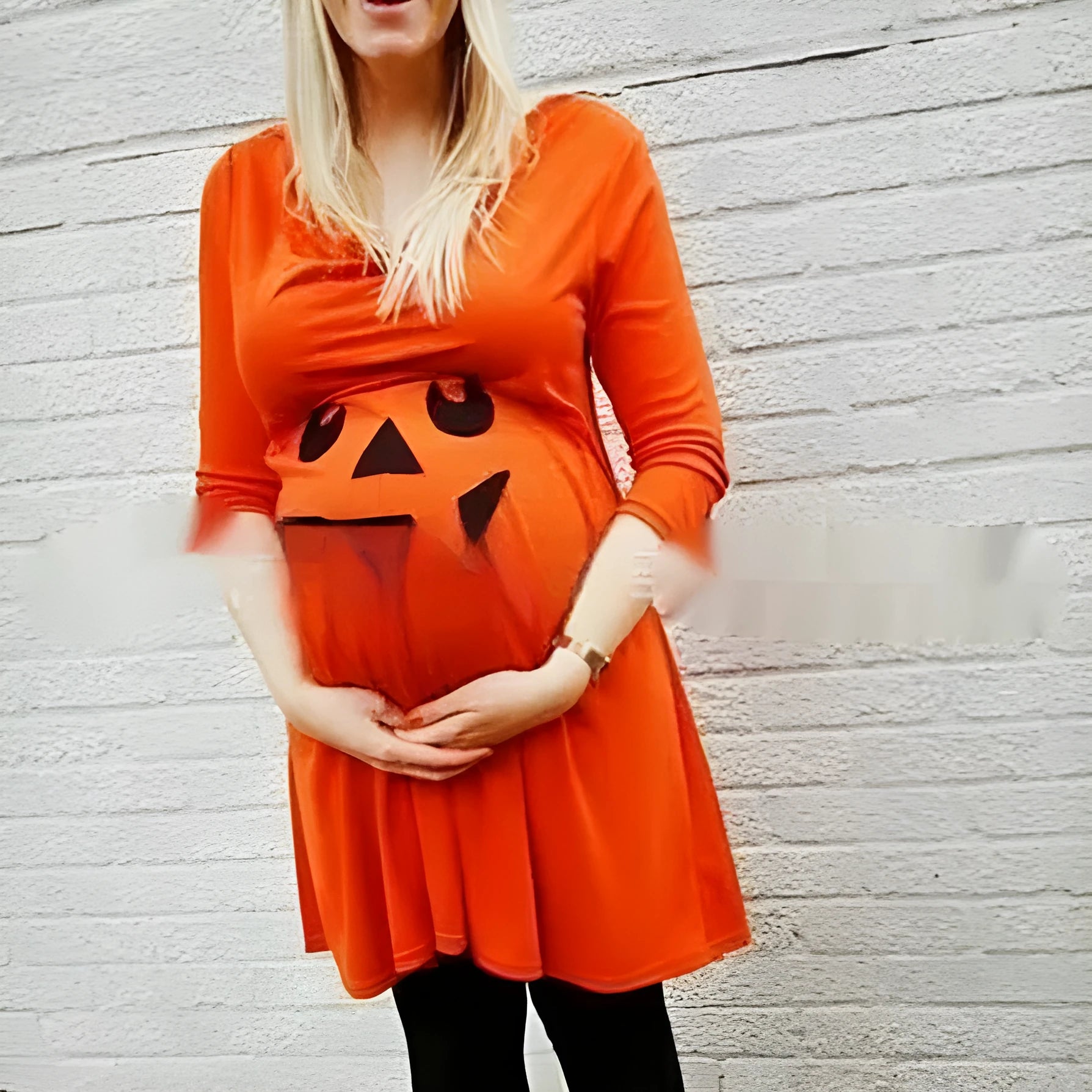 Orange cotton maternity dress shown on mannequin with size range S to 5XL