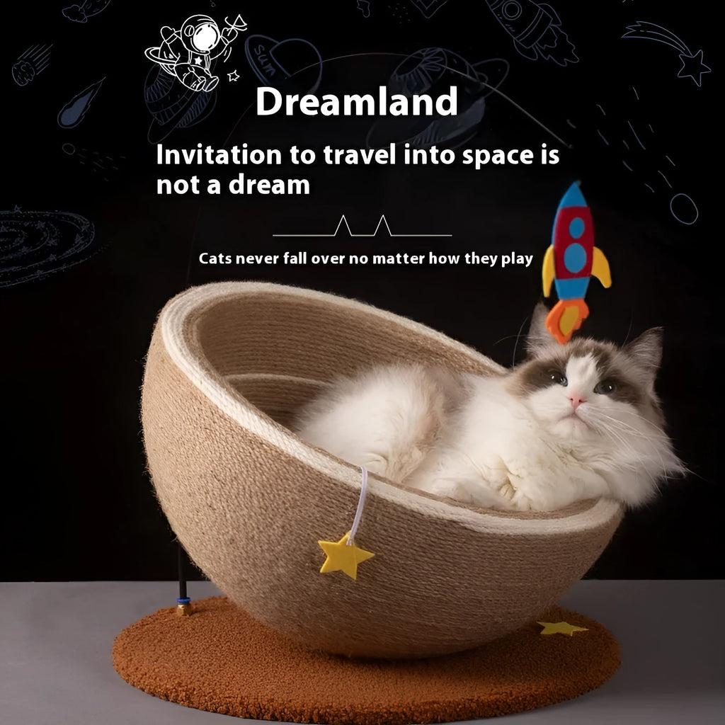 Large integrated cat scratching post and bed unit with sisal rope scratching surfaces and flannel-lined sleeping basin