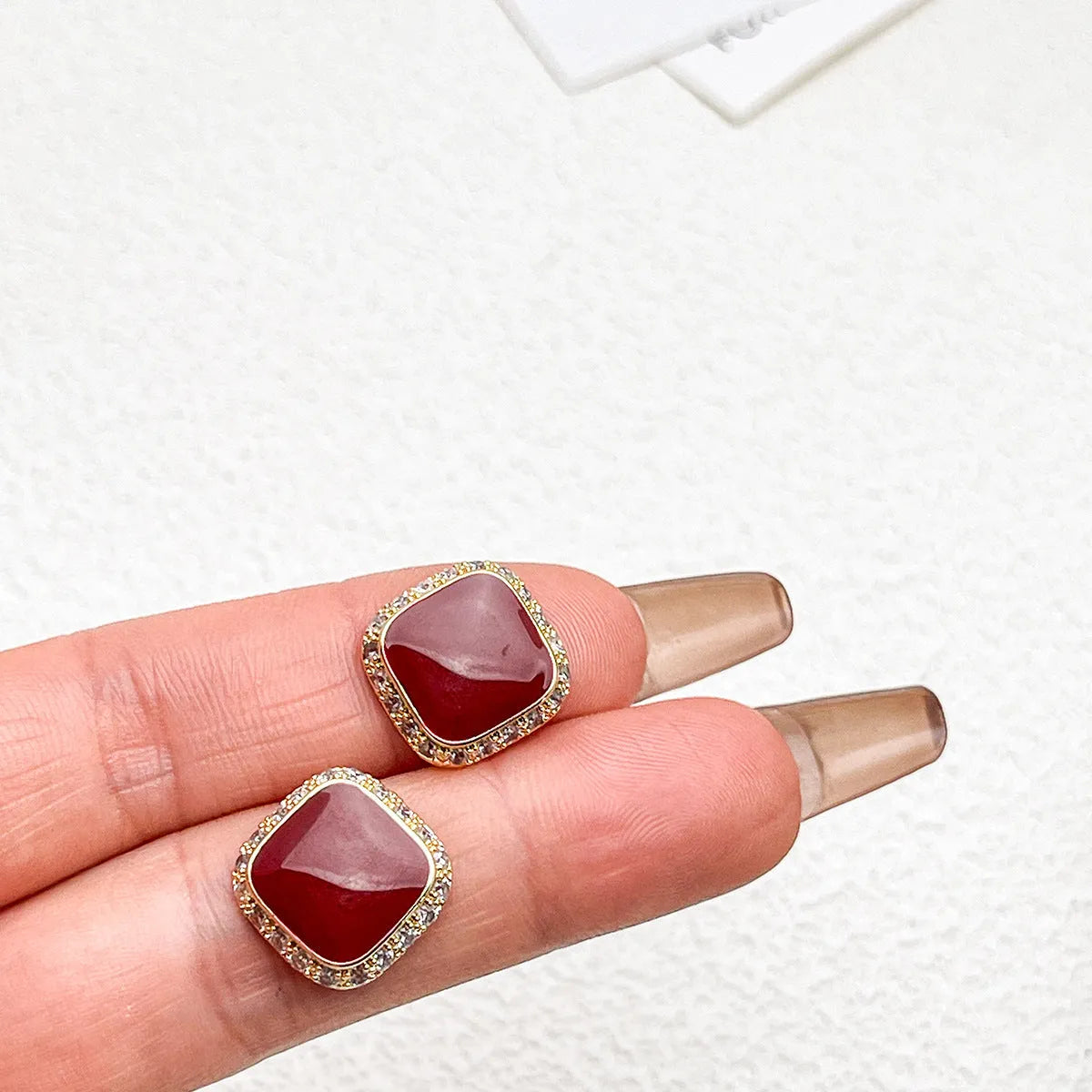 Retro red square geometric alloy earrings with seiko process finish