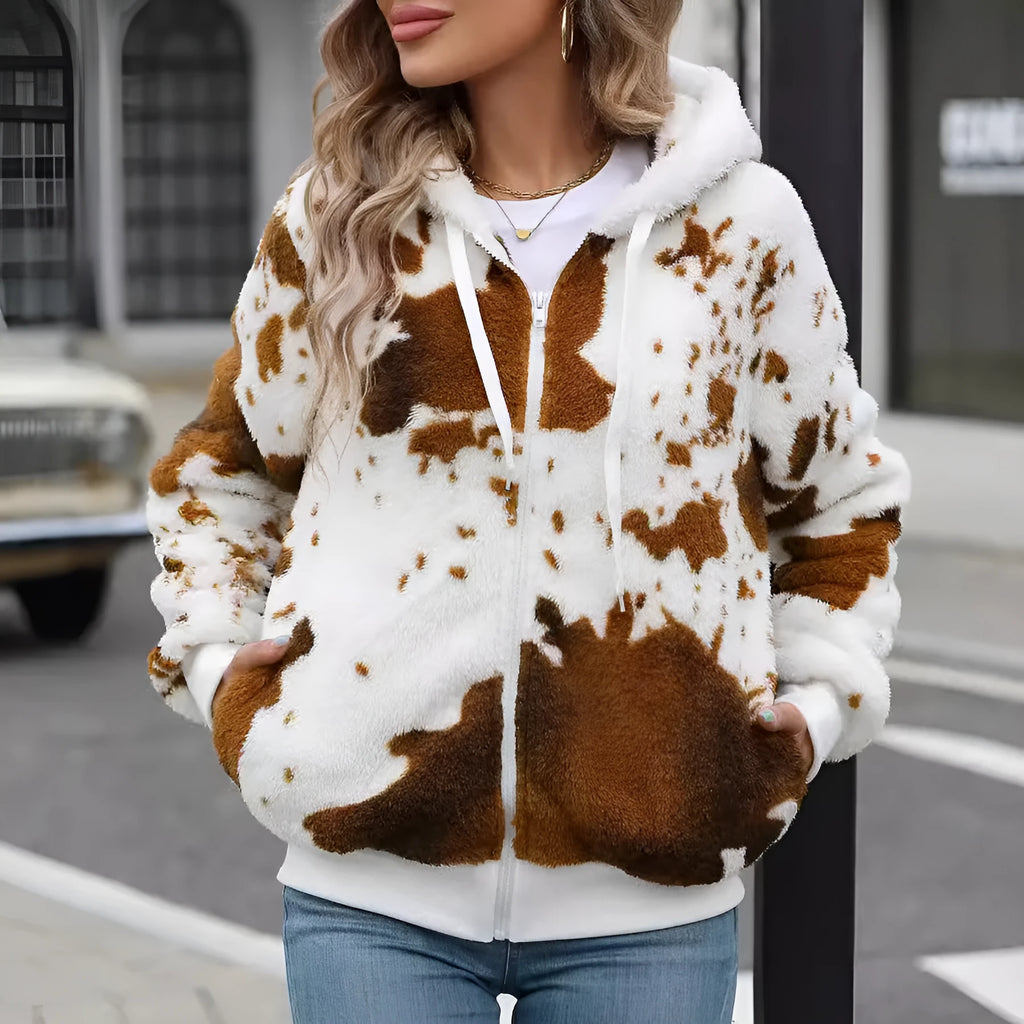 Yellow brown animal print hooded cardigan jacket with zip front