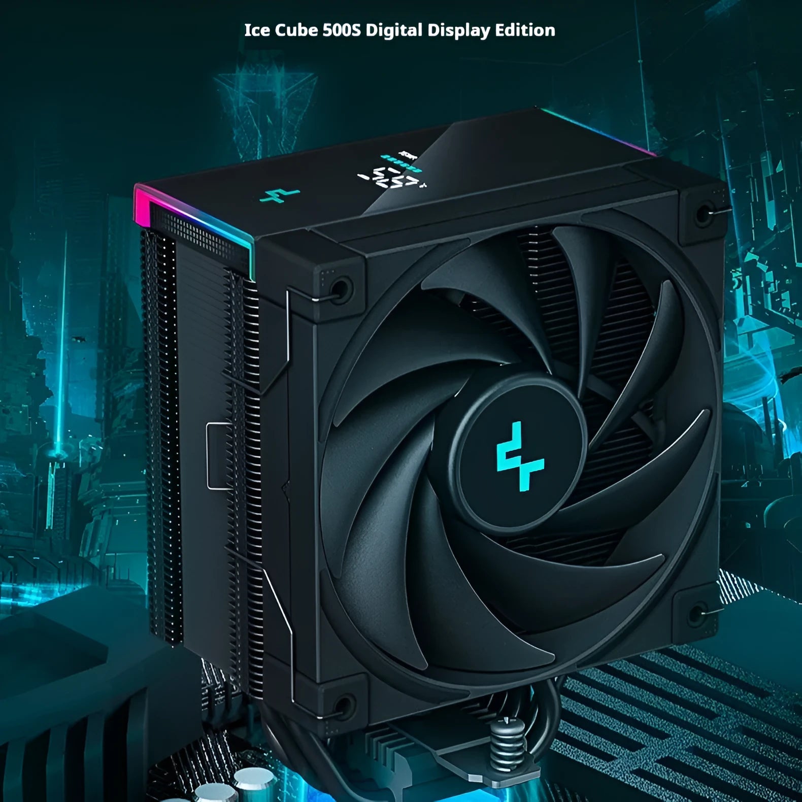 Twin tower black CPU air cooler with fans and a digital temperature display on front.