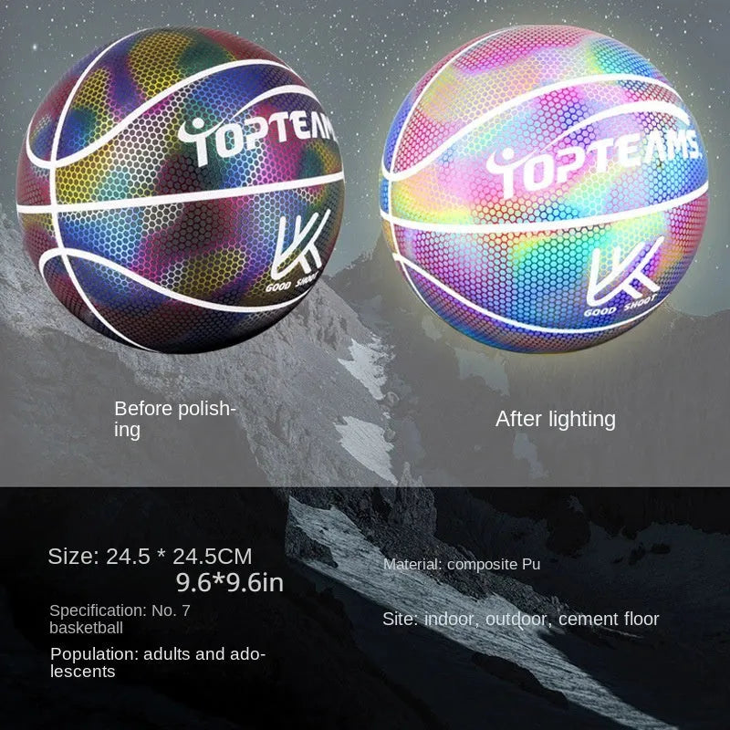 Holographic reflective basketball with fluorescent coating showing size 7 dimensions and wear-resistant PU surface