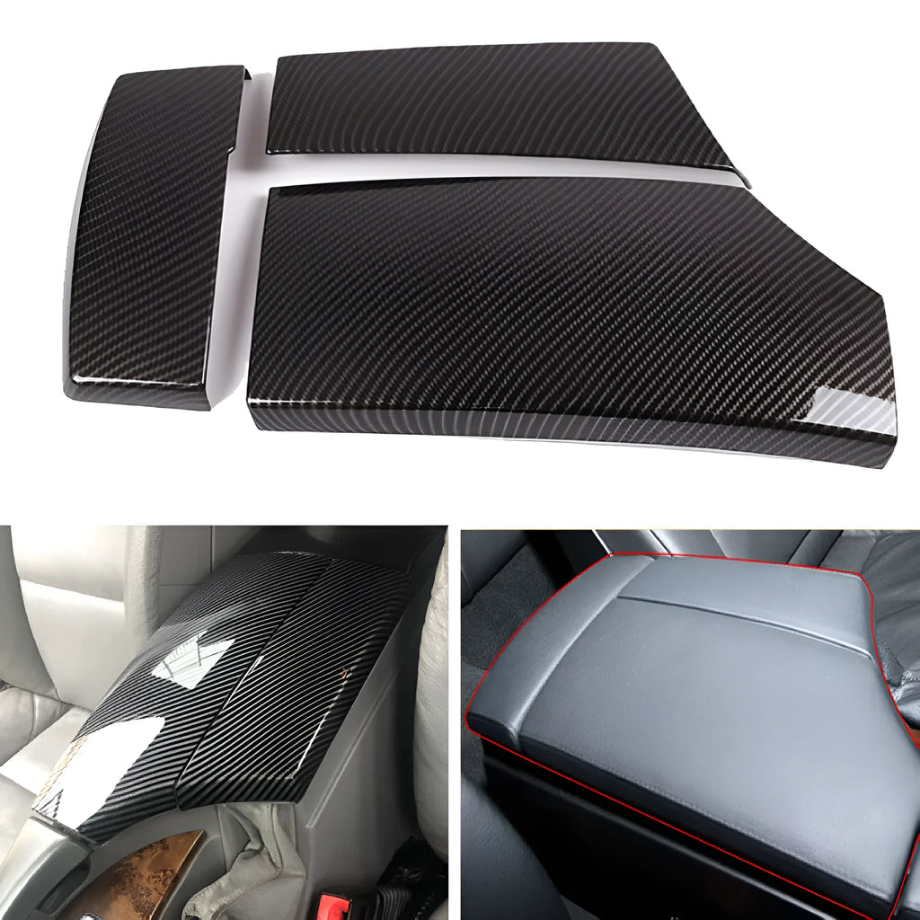 Set of three black ABS protective covers with a carbon fibre weave pattern for car armrest boxes.