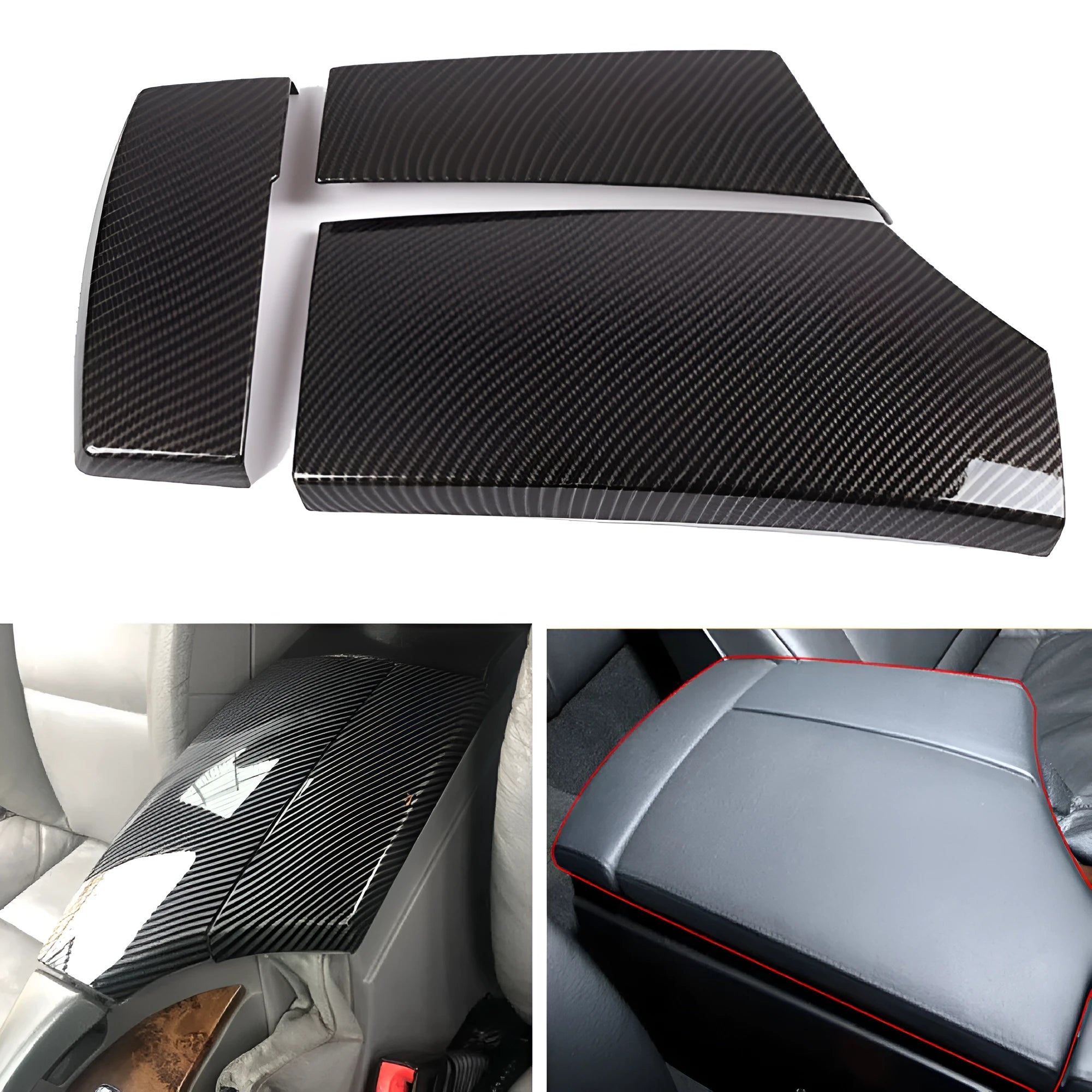 Set of three black ABS protective covers with a carbon fibre weave pattern for car armrest boxes.