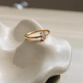 Golden stainless steel ring showing heart and oval love symbol designs with size options from 5 to 8