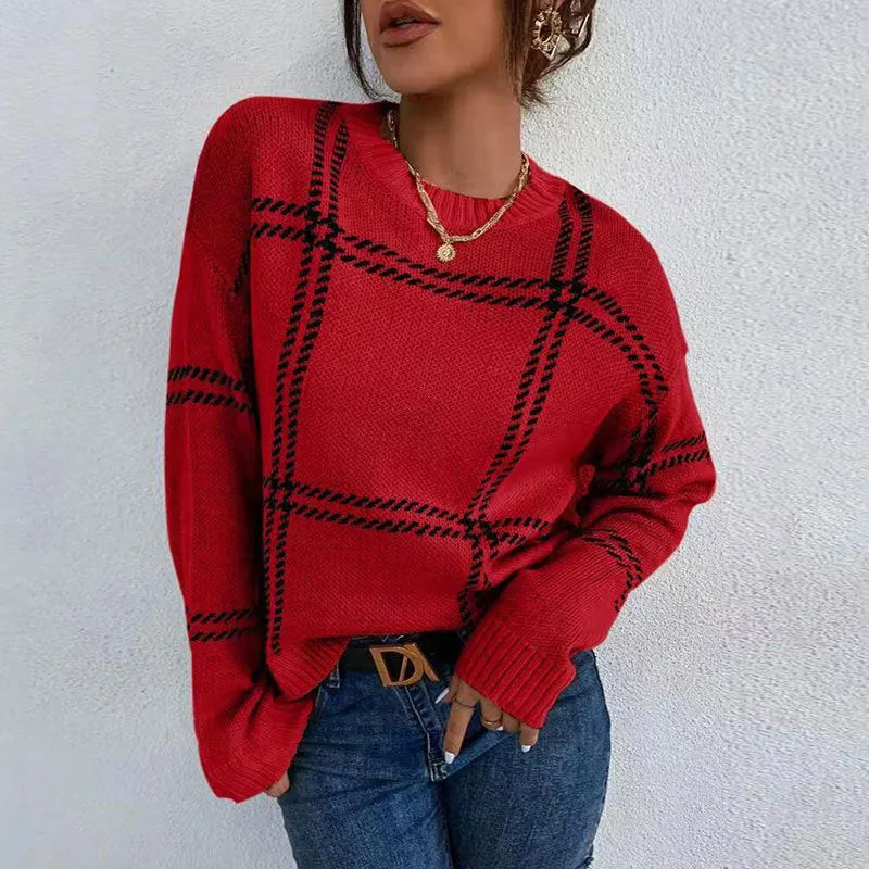 Women's loose fit plaid colour-block acrylic sweater with striped pattern in apricot, black, beige, red, and green