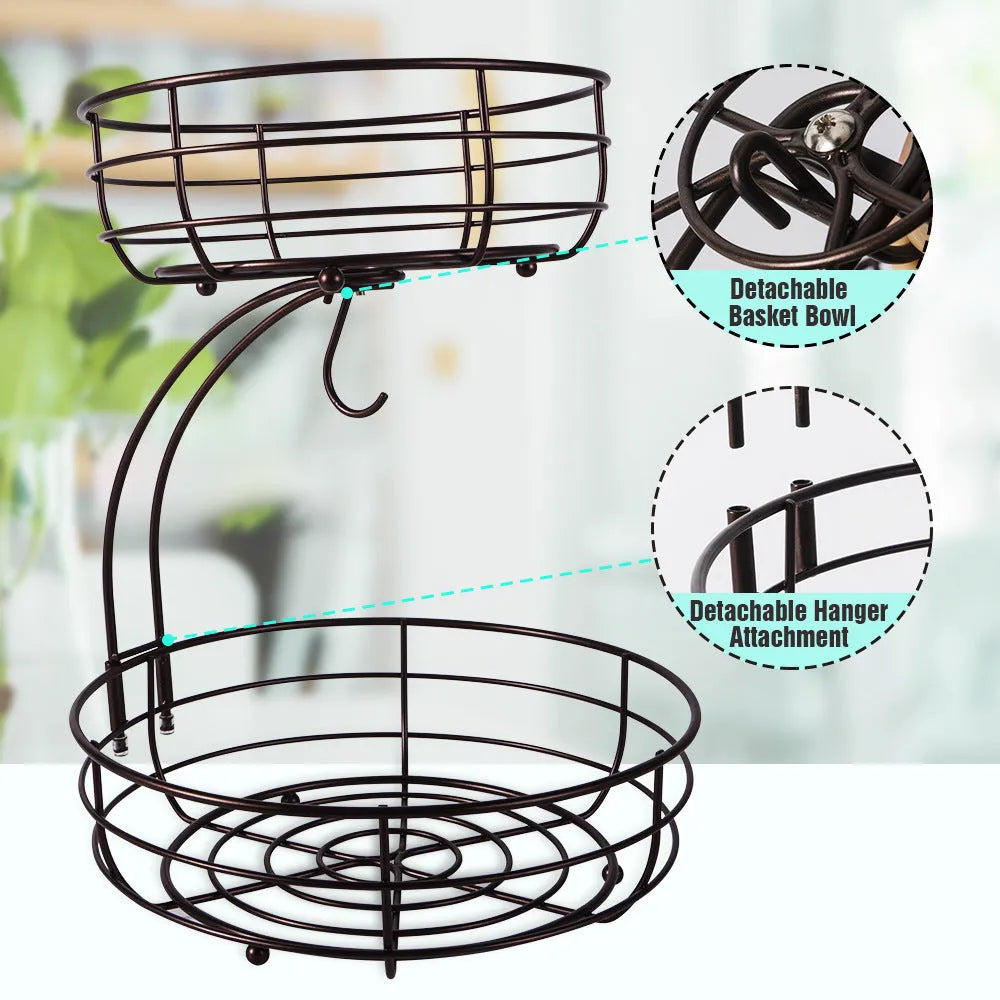 Black wrought iron double-layer fruit basket with open metalwork design