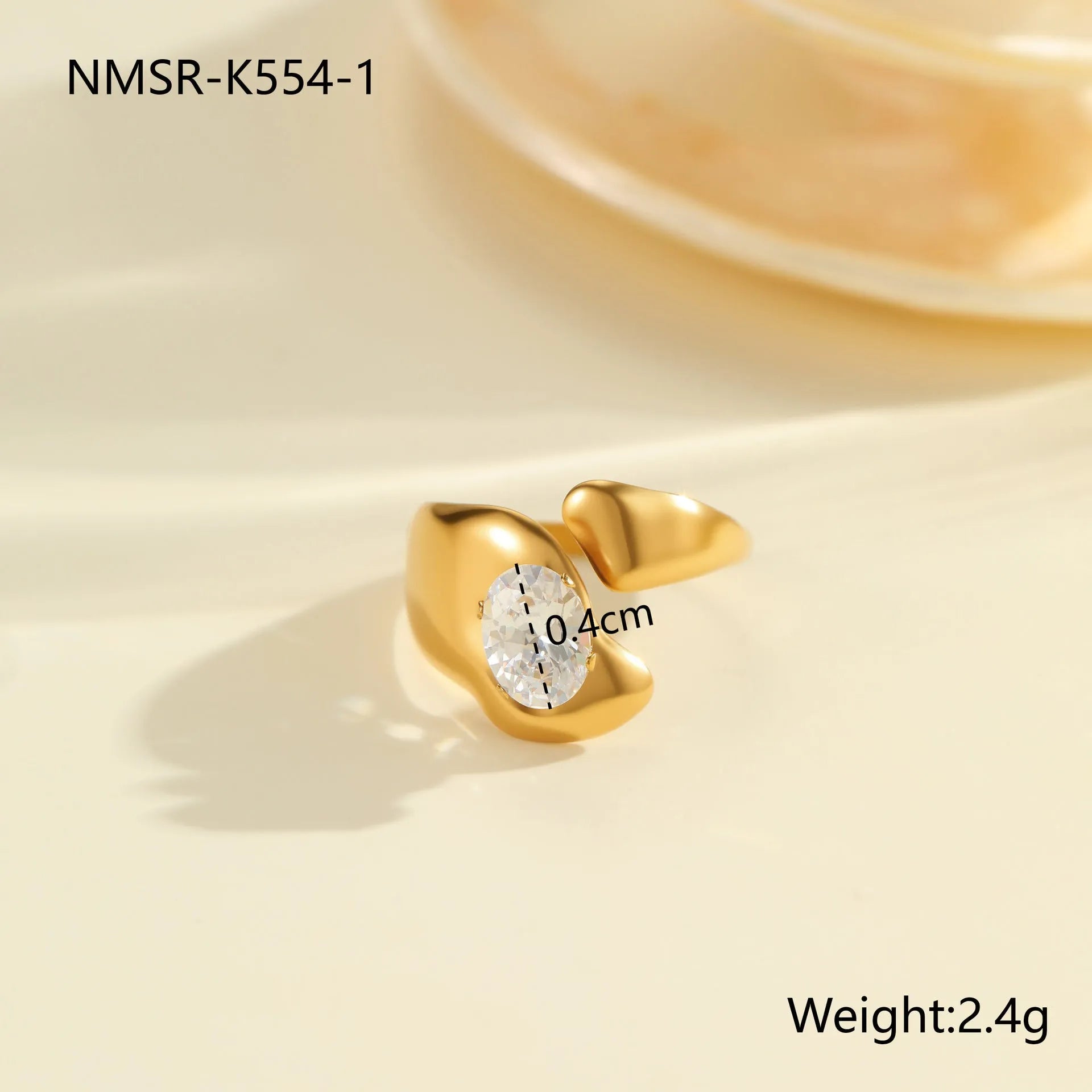 Geometric open mouth zircon ring showing adjustable design and electroplated finish
