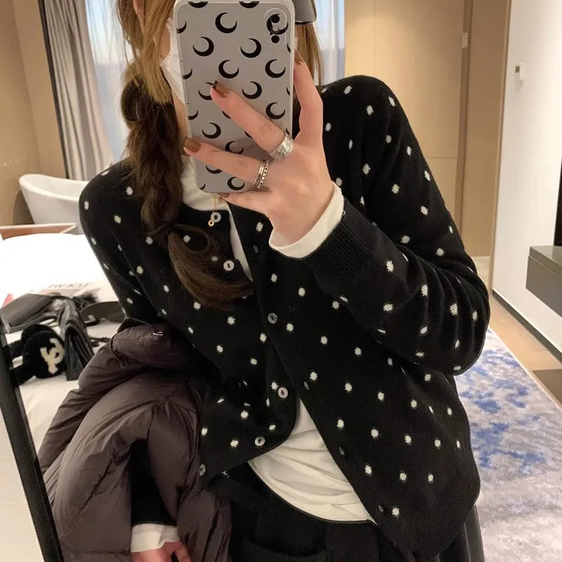 Gray dot knitted cardigan with crochet flower detail on woman, Korean style loose fit