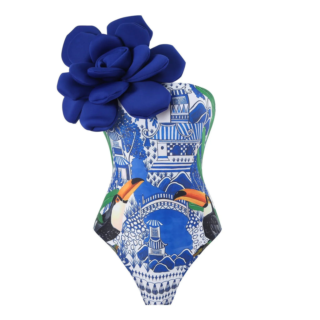 Long sleeve one-piece swimsuit jumpsuit with gauze cover-up skirt in blue colour