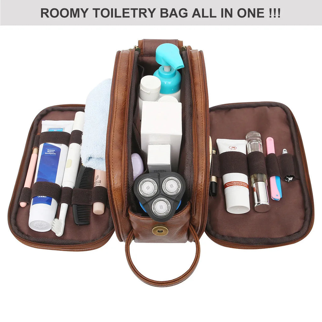Men's black and brown Pu toiletry bag for travel storage