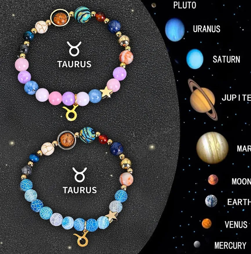 Two adjustable natural stone beaded bracelets with metal zodiac sign charms on a wooden surface.