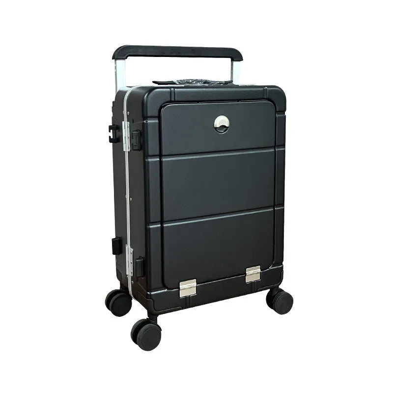20-inch hard-shell suitcase with front-opening compartment in black, green, silver, or white colours with spinner wheels