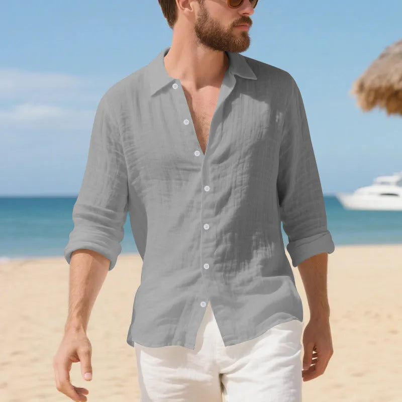 Linen American-style casual shirt in loose fit with non-ironing process