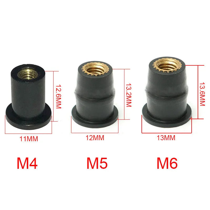 Black motorcycle windshield rubber well nut fasteners with brass threads in M4 M5 M6 sizes, kit of 10 pieces.