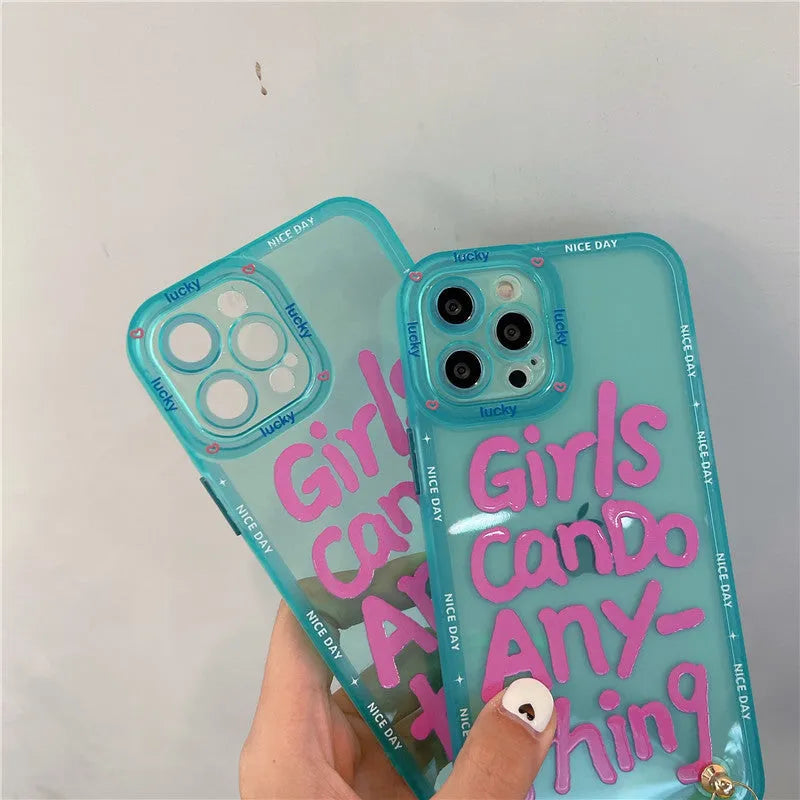 Mint green TPU iPhone case with hand-painted graffiti artwork and attached black lanyard
