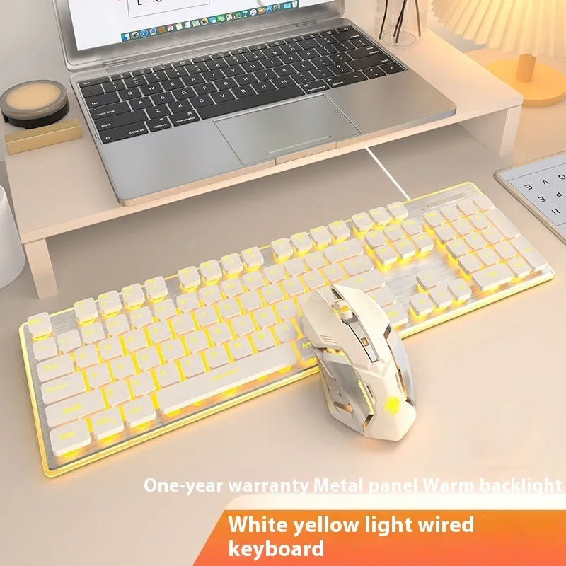 Wired mute keyboard with mechanical feel keys, shown in a Metal Black case with blue LED backlighting.