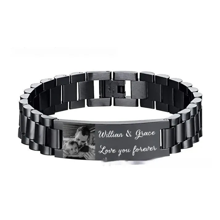 Men's unisex titanium steel bracelet with curved heart shape and black lettering