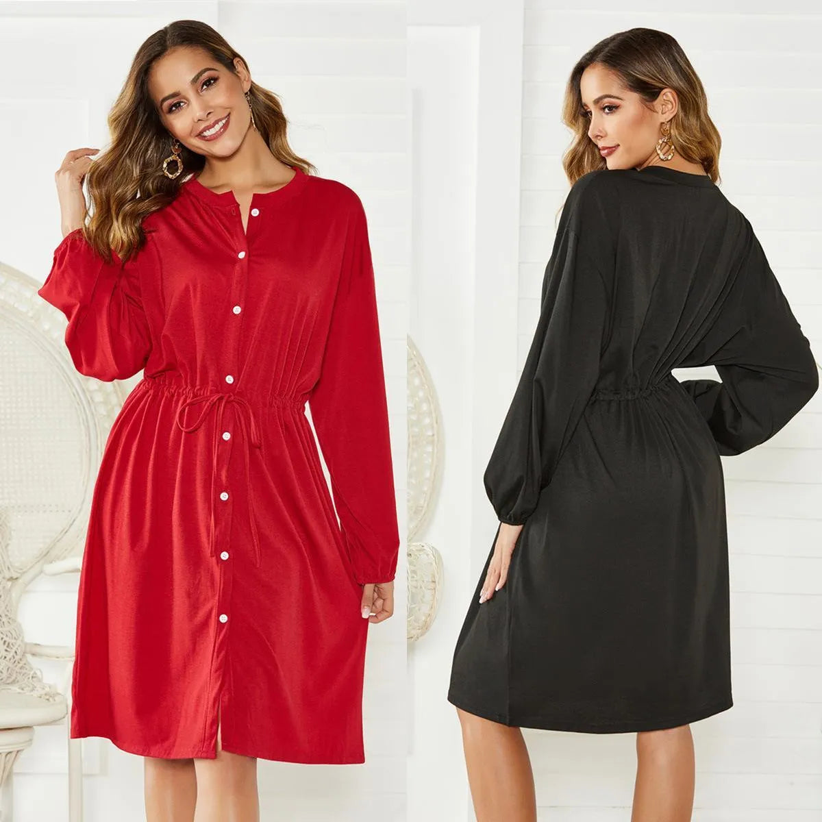 Black A-line dress with elastic waistband and cuffs, mid-length design for professional wear