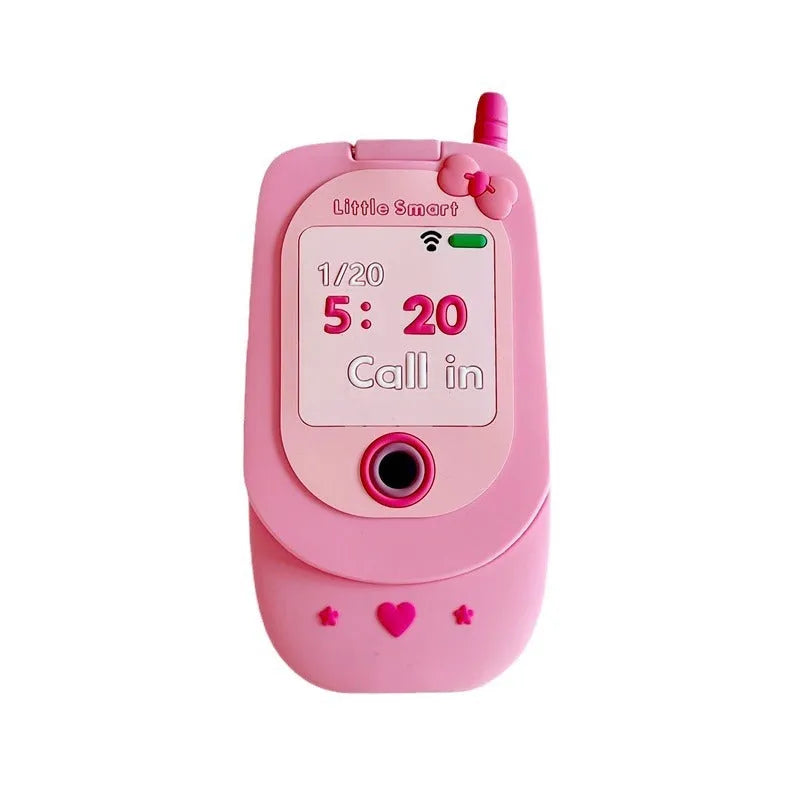 Light pink silicone flip phone case with mirror for iPhone, featuring a cute cartoon design.