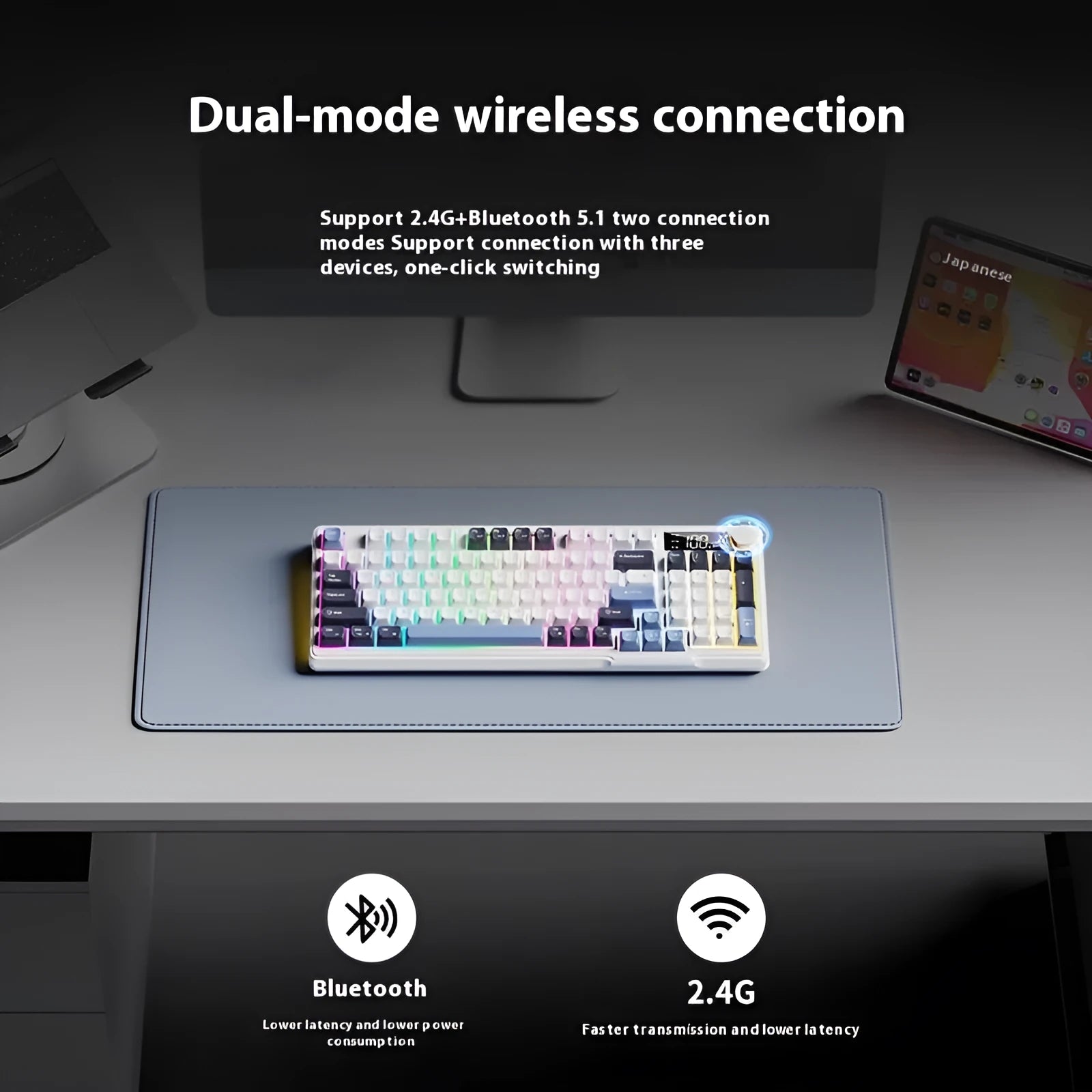 Wireless Bluetooth keyboard and mouse combo in blue white colour with compact design and ball-shaped keycaps