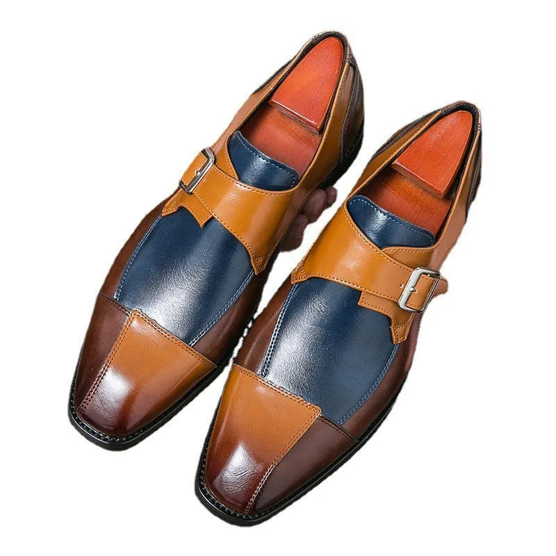 Men's brown-blue British retro-style casual shoes with buckle fastening and tall crown upper