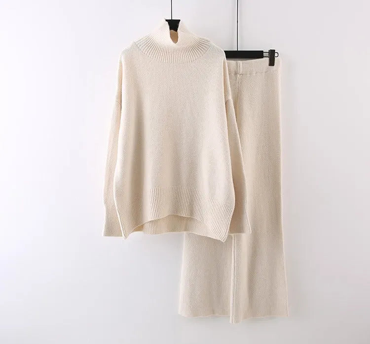 Women's casual two-piece set featuring a long sleeve sweater and wide leg trousers in a solid colour.