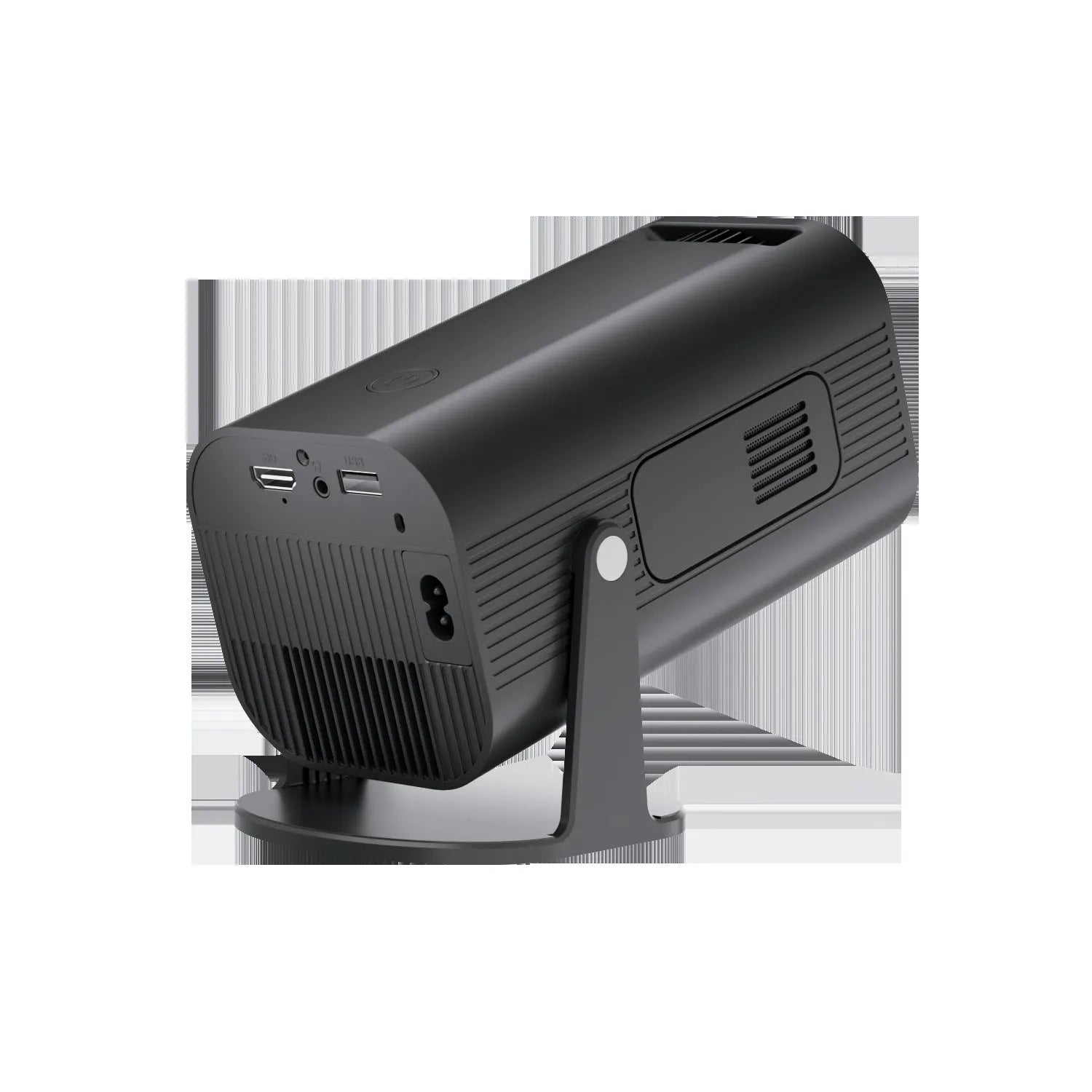 Black P330 portable mini projector with remote control on table displaying HD projection