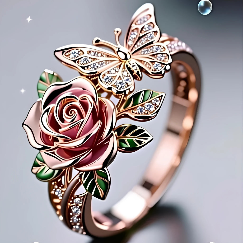 Adjustable butterfly and floral ring with dripping oil colour finish on alloy metal