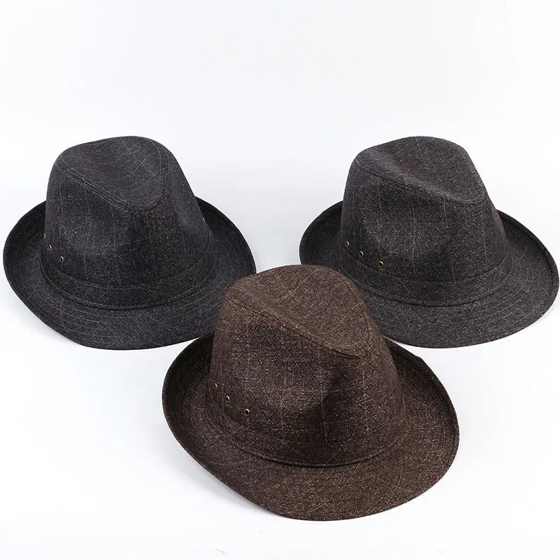 A men's fedora hat for mature gentlemen in thickened suit material or linen, shown in classic colours.