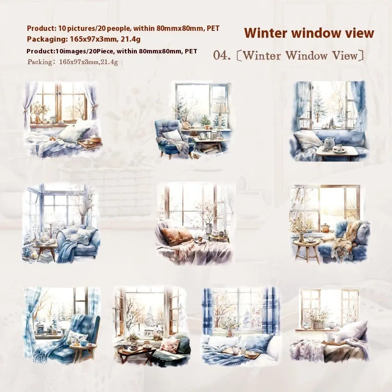 Retro window-themed journal stickers set with six different nature scene designs