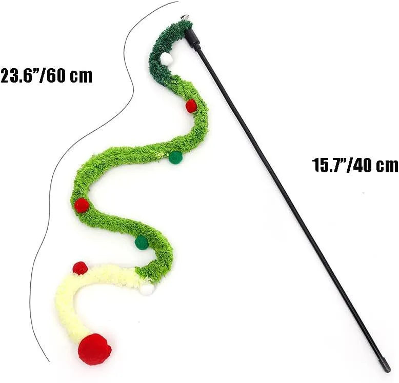 Cat wand toy with colourful plush strip and bell attachment on 41cm pole
