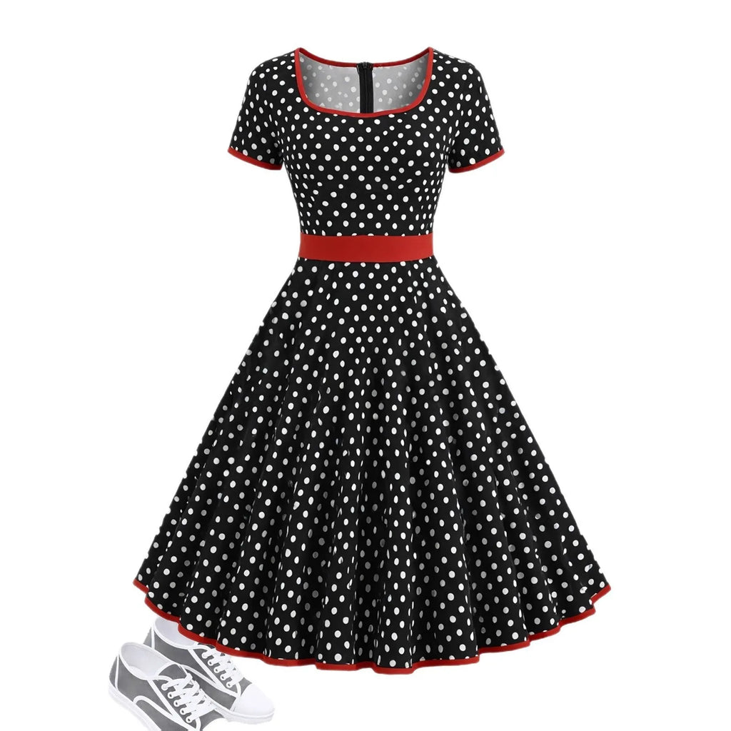 Multicolour polka dot pleated dress with square collar, short sleeves, and a zipper.