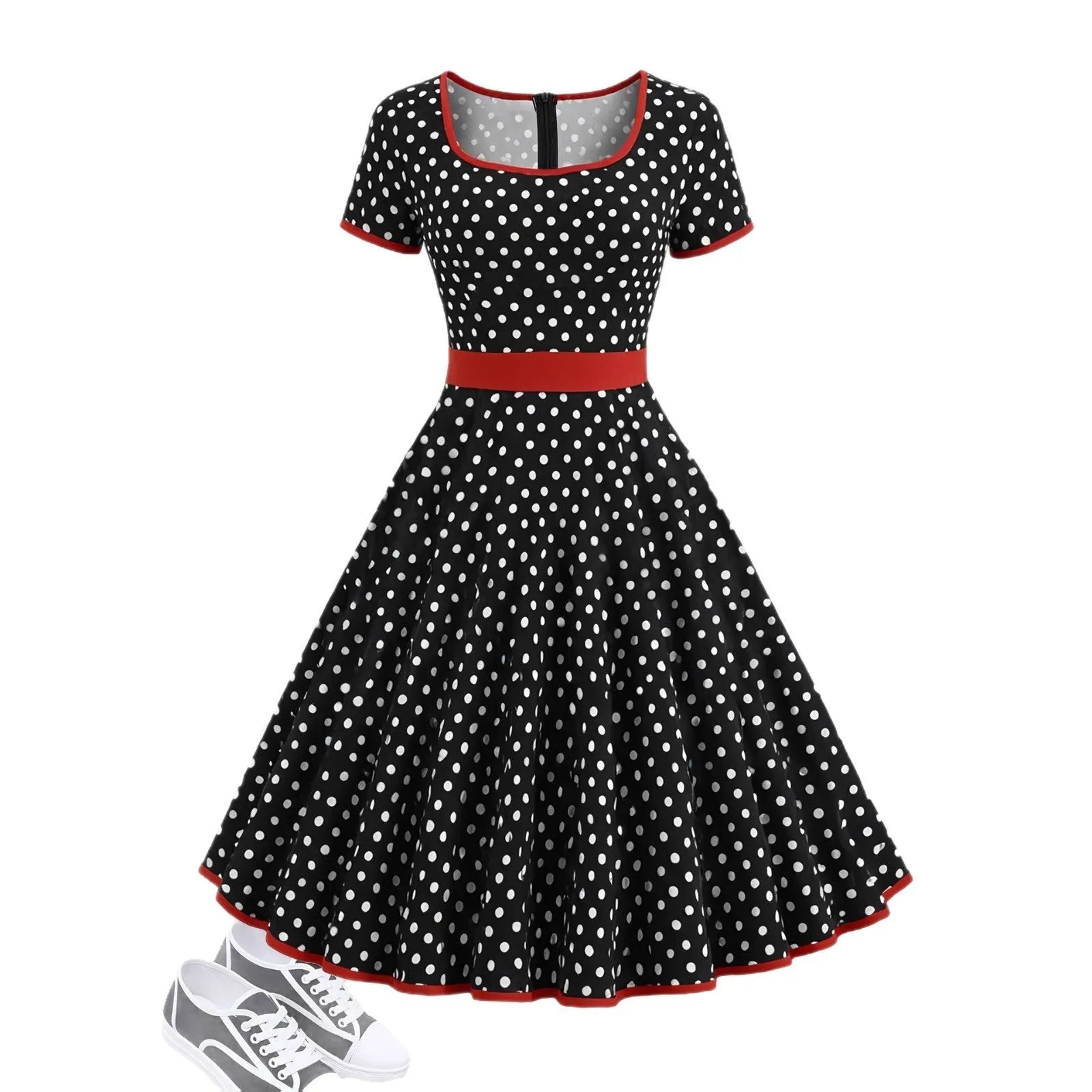 Multicolour polka dot pleated dress with square collar, short sleeves, and a zipper.