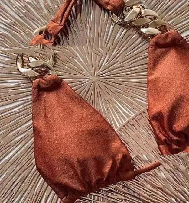 Brown women's tube-top push up bikini swimsuit with ring tether and split design