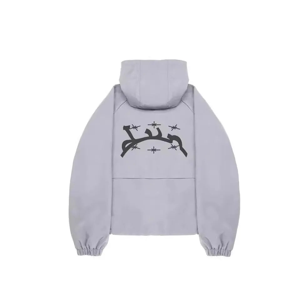 Men's loose fit British style hooded sunscreen jacket in grey or black polyester