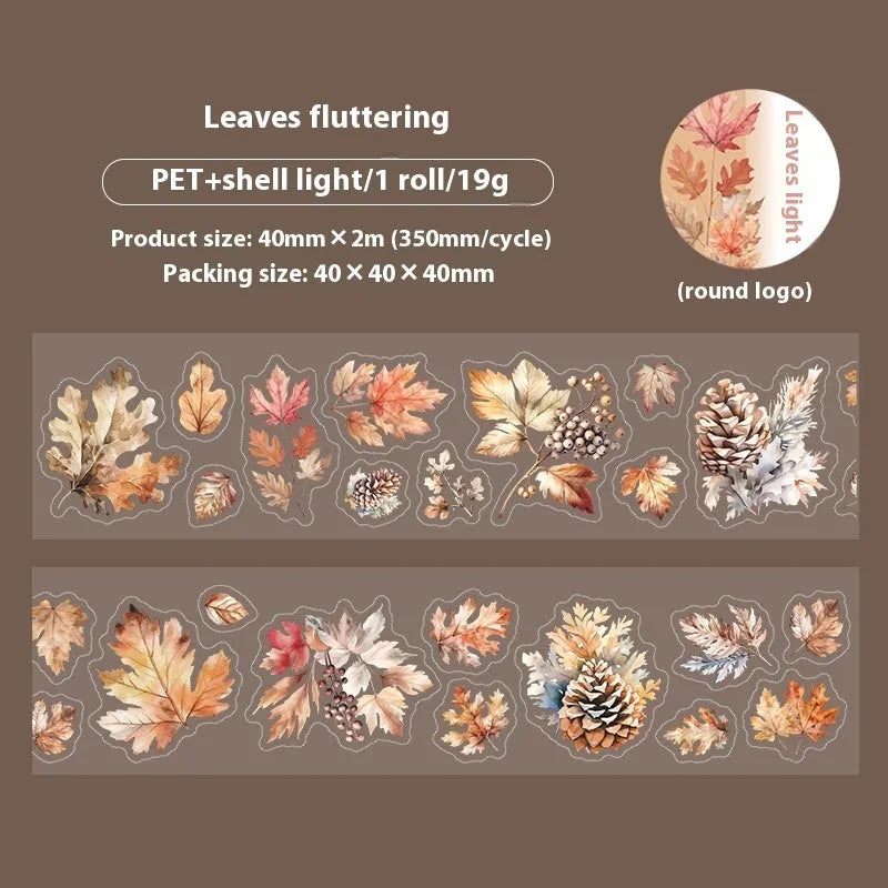 Six rolls of transparent PET decorative stickers with leaf patterns for hand account books