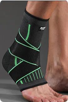 Black sports ankle support strap with Velcro fastener, shown unwrapped.