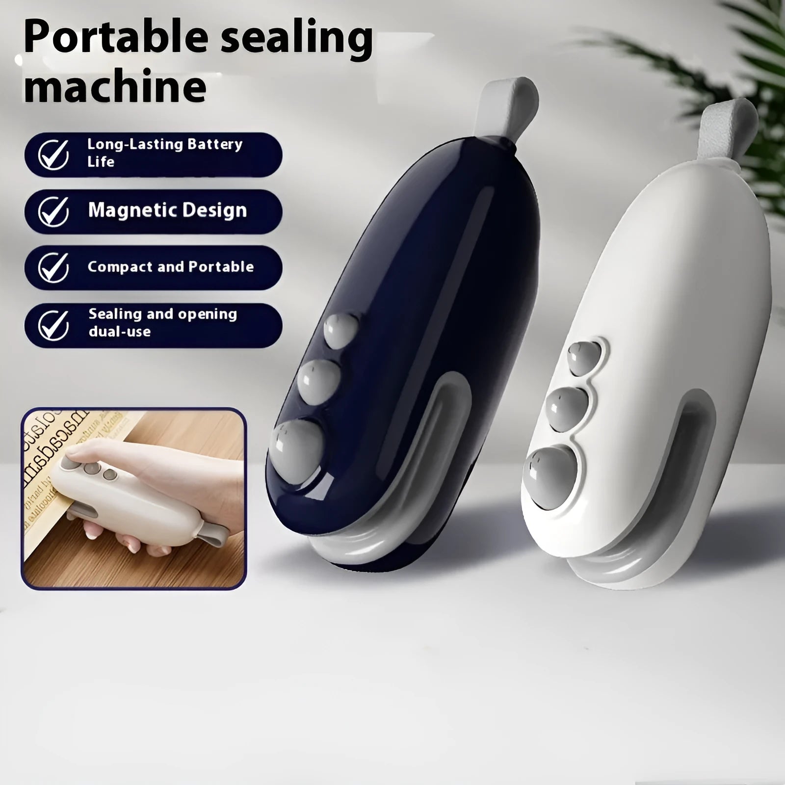 Household mini sealing machine in ivory white with automatic electric thermal capper on surface