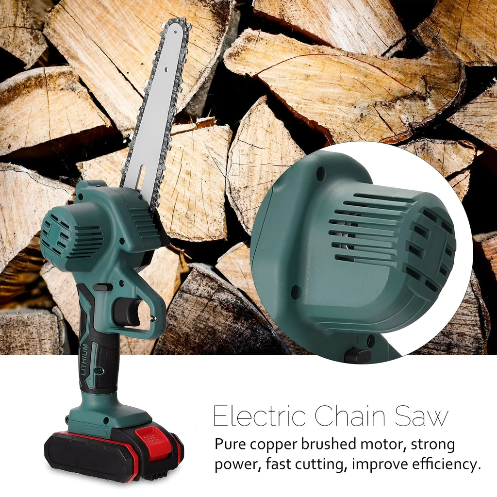 Black mini electric chainsaw with 4-inch guide and lithium battery for one-handed wood cutting
