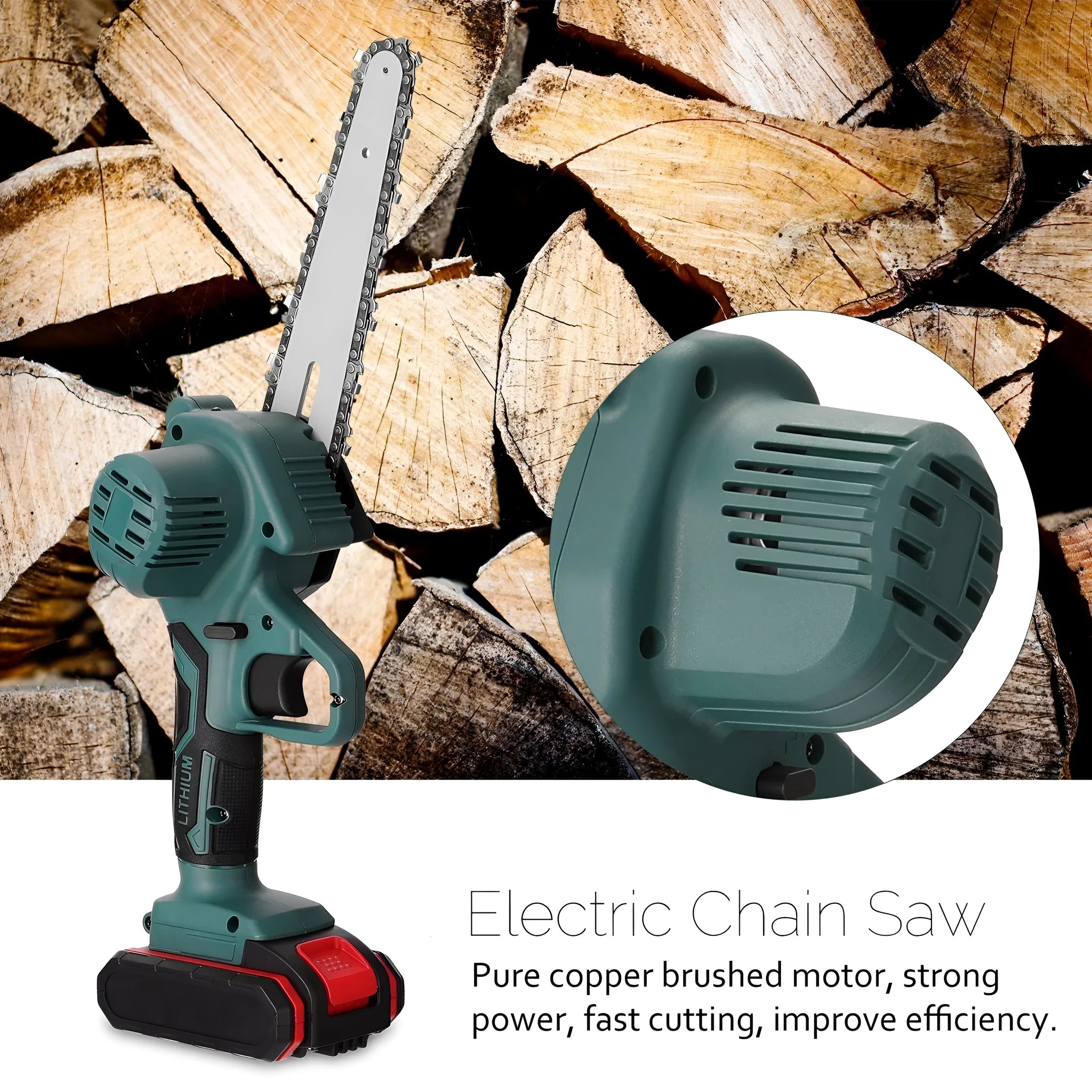 Black mini electric chainsaw with 4-inch guide and lithium battery for one-handed wood cutting