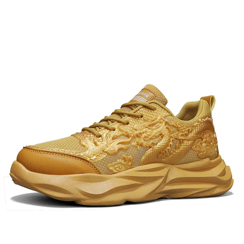 Chinese Loong casual sneakers with dragon print design on a breathable fly knit upper and rubber sole.