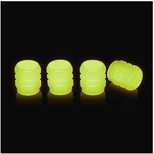 Rubber luminous tyre valve caps in multiple colours showing pack size options for bicycle and motorbike wheels