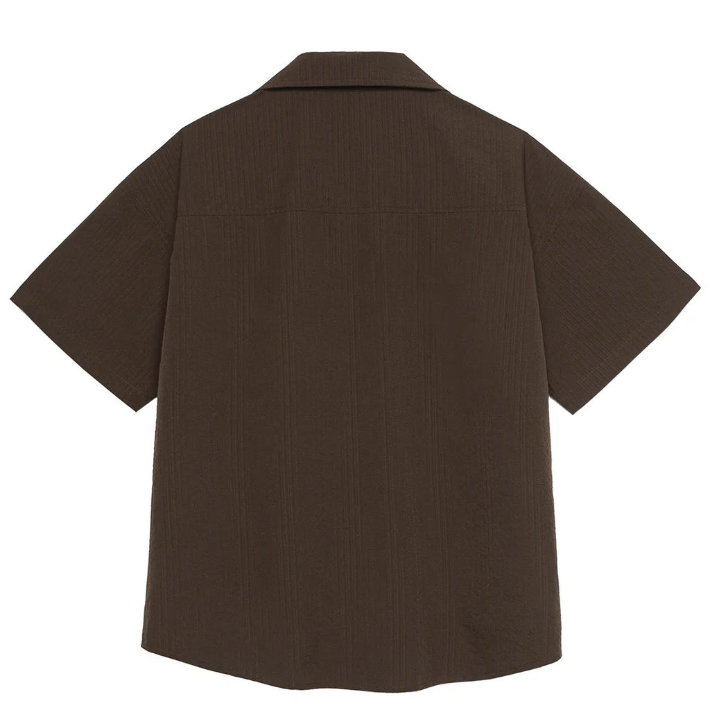 Brown striped Cuban collar outdoor shirt with short sleeves for mountain camping