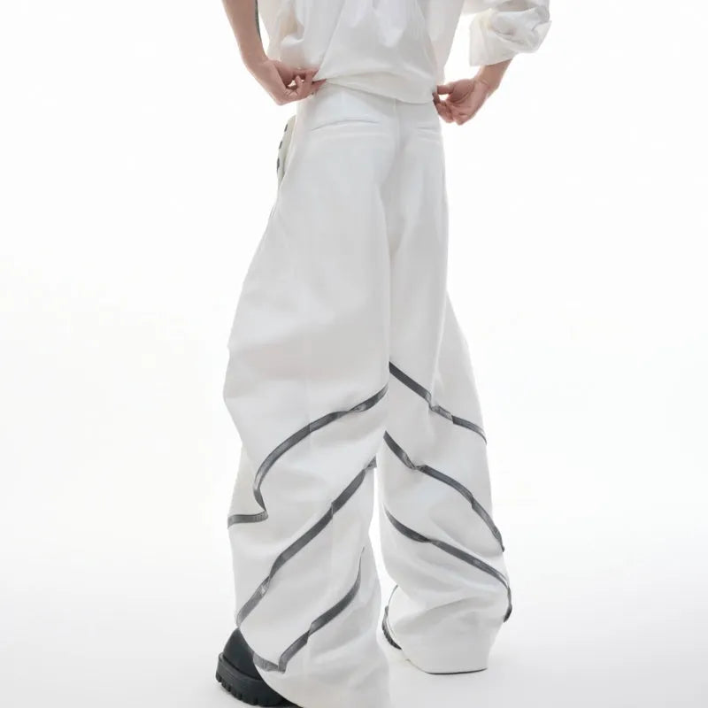 Men's three-dimensional cutting trousers with metal striped rivet pleats in black bottom colour